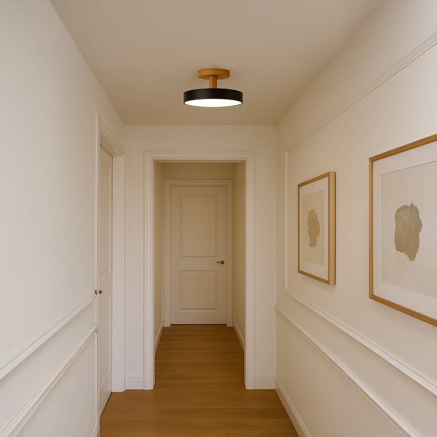 Black metal ceiling light with natural wood mount adding warm modern lighting to a stylish home interior.