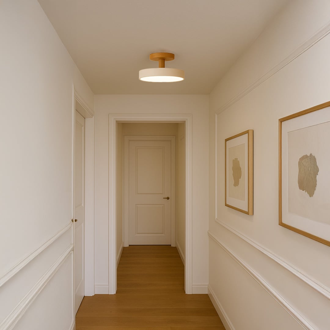 Modern white flush mount ceiling light in minimalist hallway with natural wood accents for contemporary home decor spaces.