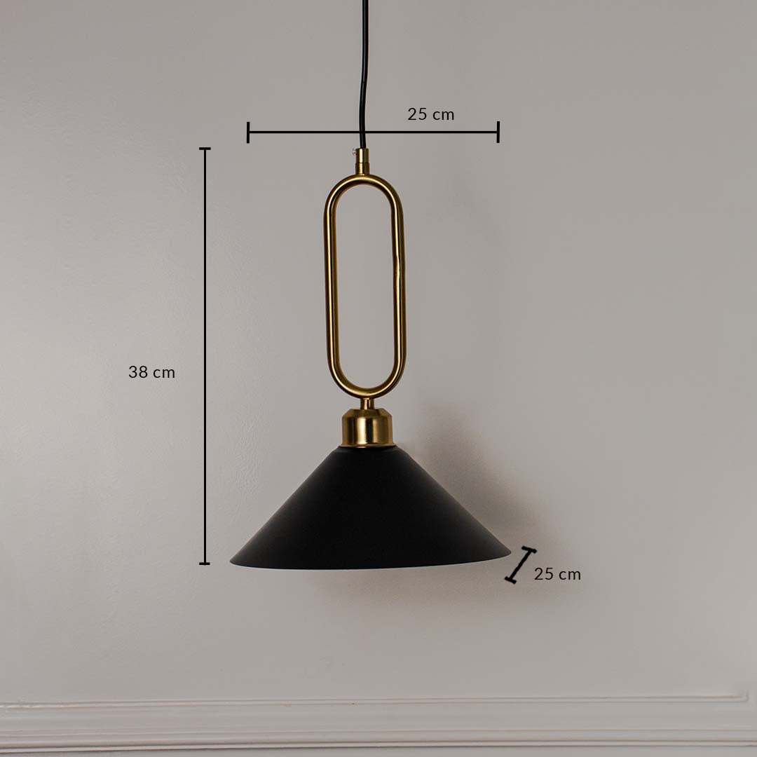 Dimension image of matte black metal pendant light with brushed brass frame showing 36 cm height and 25 cm width.