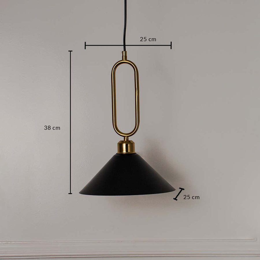 Dimension image of matte black metal pendant light with brushed brass frame showing 36 cm height and 25 cm width.