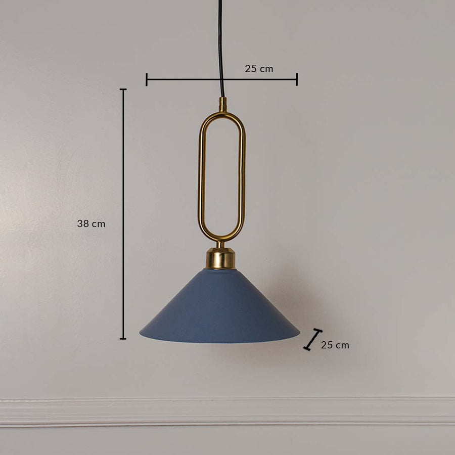Blue conical pendant ceiling light with gold frame height 38 cm and width 25 cm shown clearly on plain off white background wall.