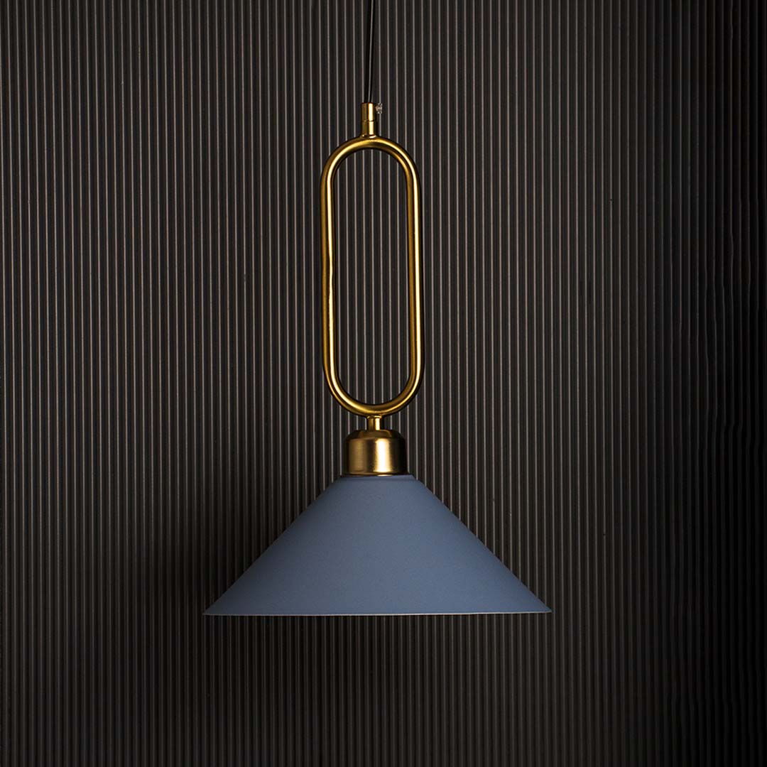 Blue conical pendant ceiling light with gold frame and matte finish shade displayed against black background for modern interiors