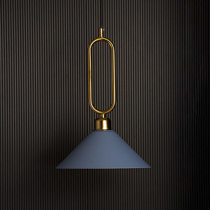 Blue conical pendant ceiling light with gold frame and matte finish shade displayed against black background for modern interiors