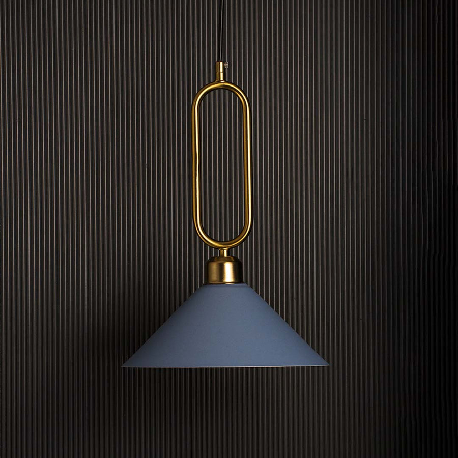 Blue conical pendant ceiling light with gold frame and matte finish shade displayed against black background for modern interiors