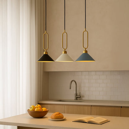Set of modern cone pendant ceiling lights in black white and blue with gold frames hanging stylishly in kitchen lifestyle decor.