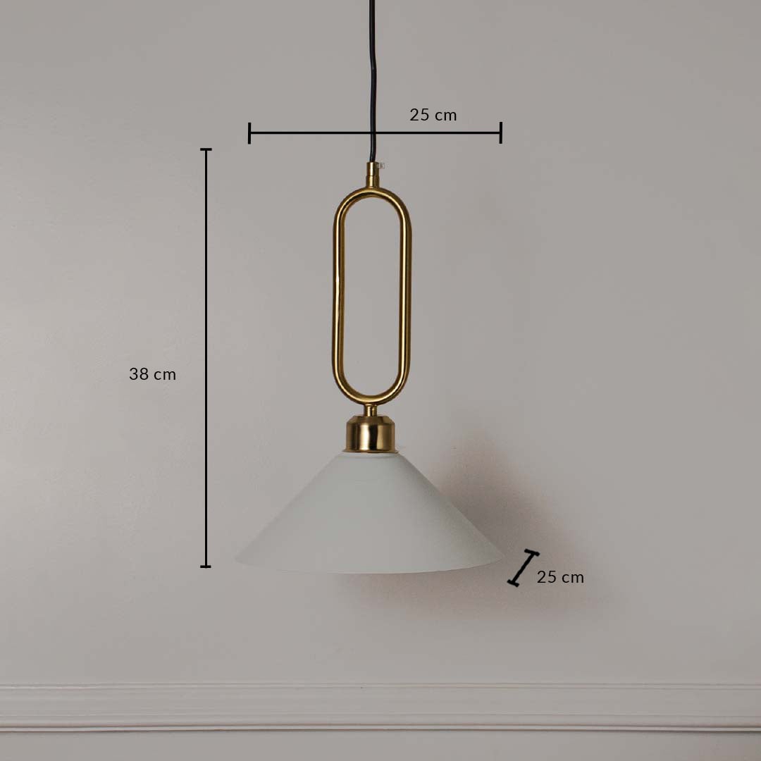 Dimension image of matte white metal pendant light with brushed brass frame showing 36 cm height and 25 cm width.