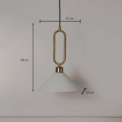Dimension image of matte white metal pendant light with brushed brass frame showing 36 cm height and 25 cm width.