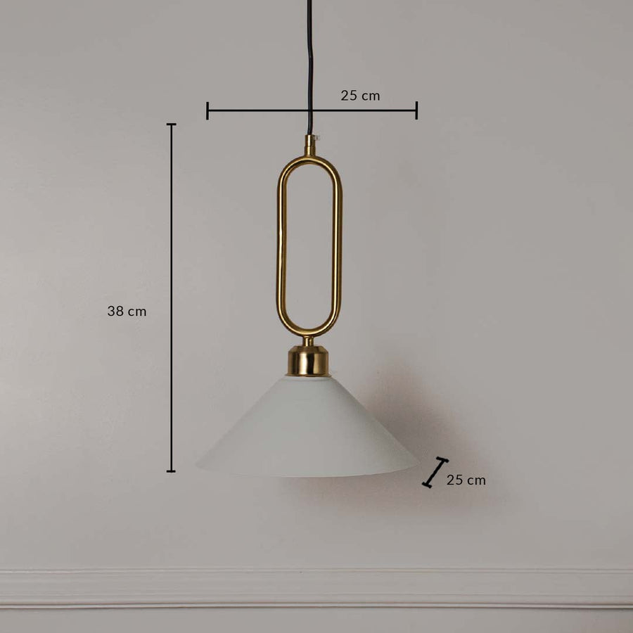 Dimension image of matte white metal pendant light with brushed brass frame showing 36 cm height and 25 cm width.