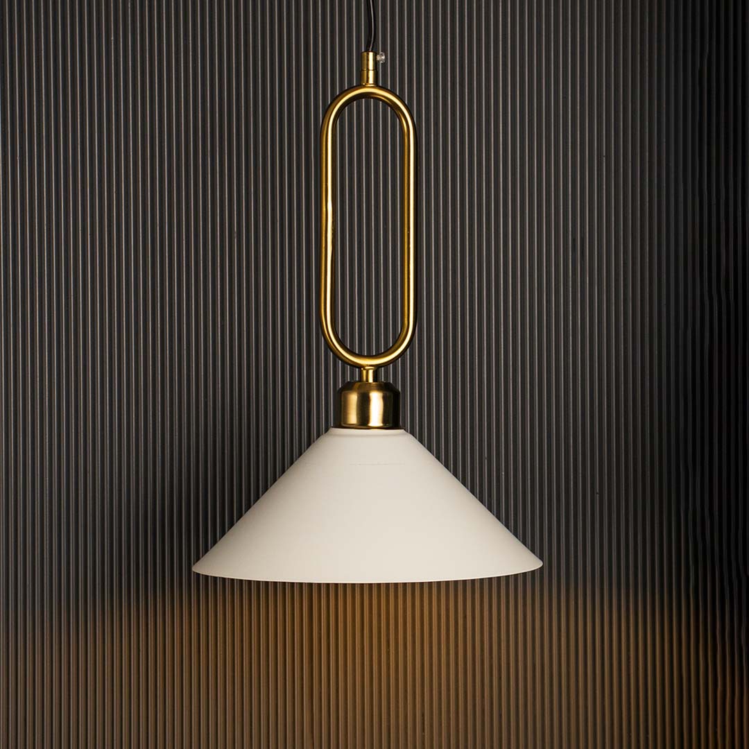 White conical pendant ceiling light with gold metal frame glowing warmly against black background creating stylish luxury interior.