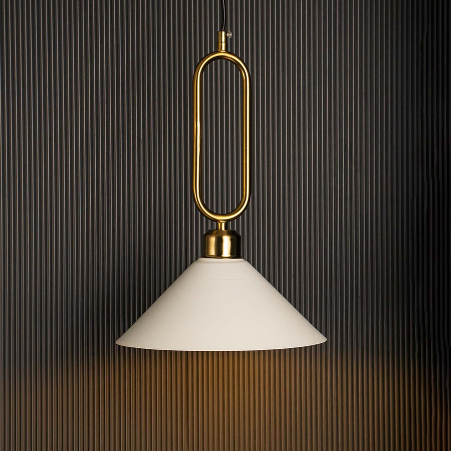 White conical pendant ceiling light with gold metal frame glowing warmly against black background creating stylish luxury interior.