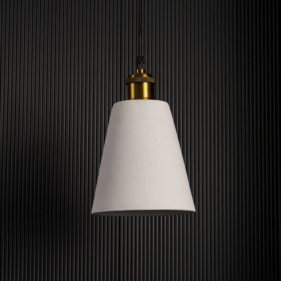 White cone pendant lamp turned off against a dark background highlighting its refined silhouette.