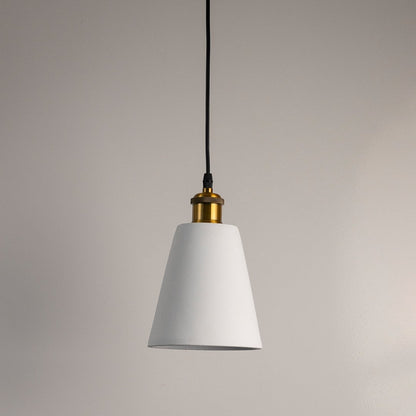 White cone pendant light turned off with smooth matte texture and brass accent displayed against a white background.