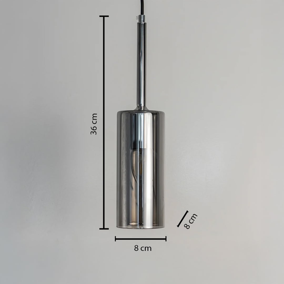 Dimension image of polished chrome cylindrical pendant light with sleek design showing 34 cm height and 8 cm width.