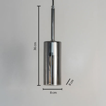 Dimension image of polished chrome cylindrical pendant light with sleek design showing 34 cm height and 8 cm width.