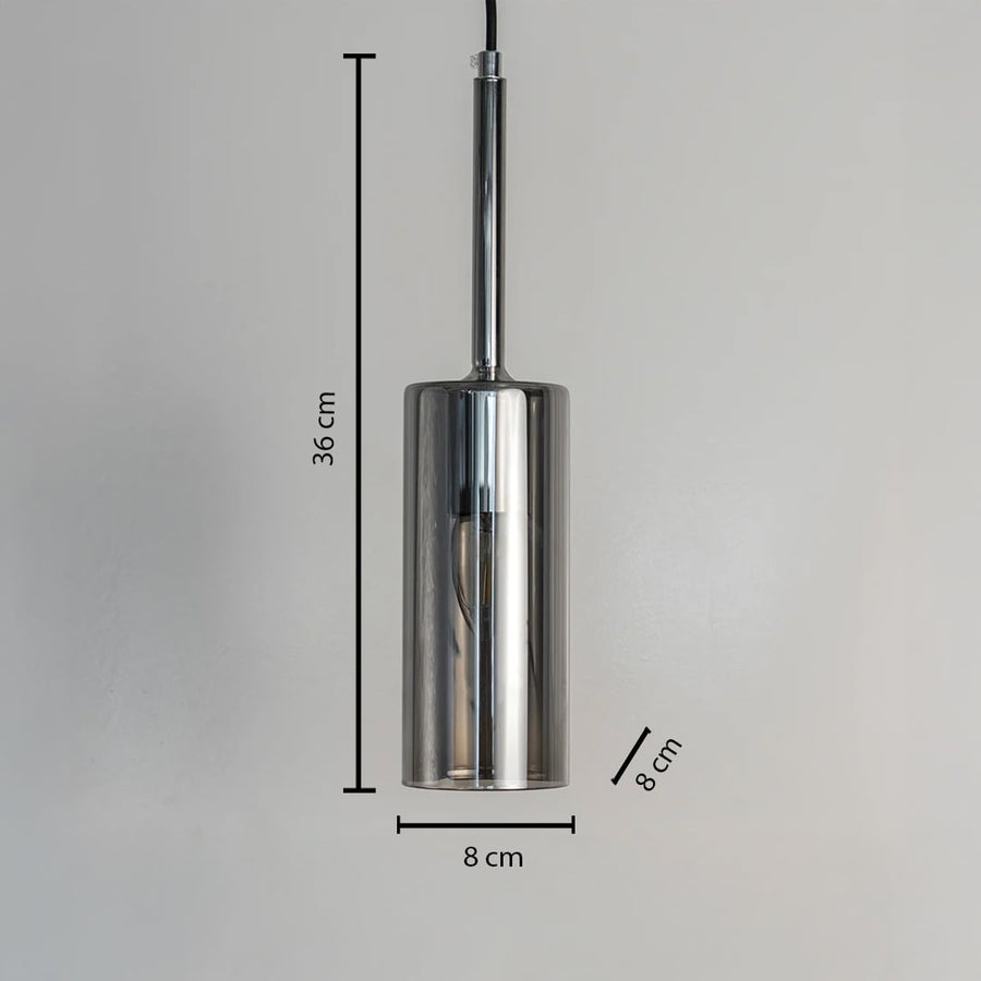 Dimension image of polished chrome cylindrical pendant light with sleek design showing 34 cm height and 8 cm width.