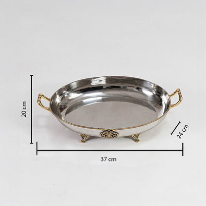 Silver metal tray with gold handles and feet shown with labeled dimensions of 37 cm length and 25 cm width.