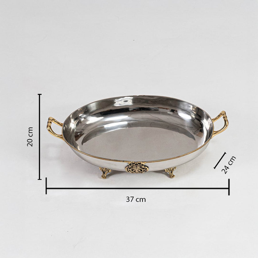 Silver metal tray with gold handles and feet shown with labeled dimensions of 37 cm length and 25 cm width.