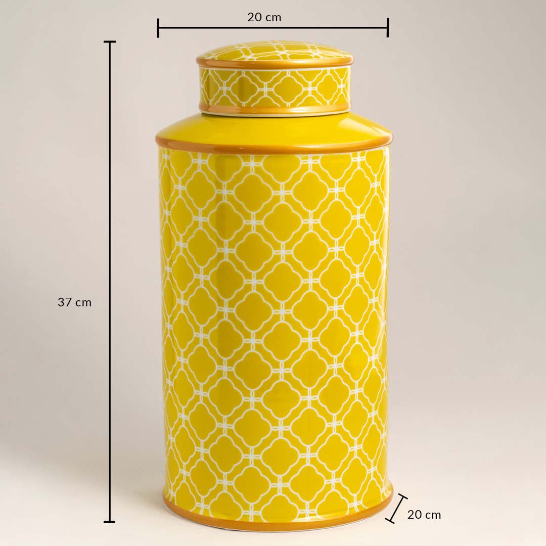 Yellow ceramic jar with lid shown in 37 cm height and 20 cm width for accurate kitchen storage size reference.