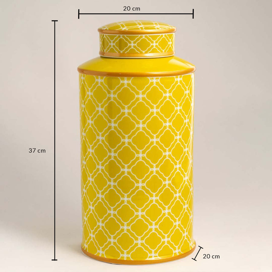 Yellow ceramic jar with lid shown in 37 cm height and 20 cm width for accurate kitchen storage size reference.