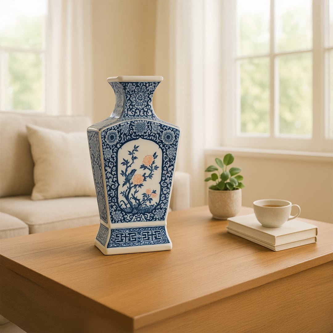 Blue and white ceramic decorative vase displayed on a wooden table for elegant contemporary home decor settings.