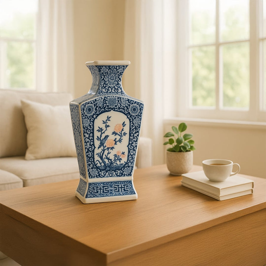 Blue and white ceramic decorative vase displayed on a wooden table for elegant contemporary home decor settings.