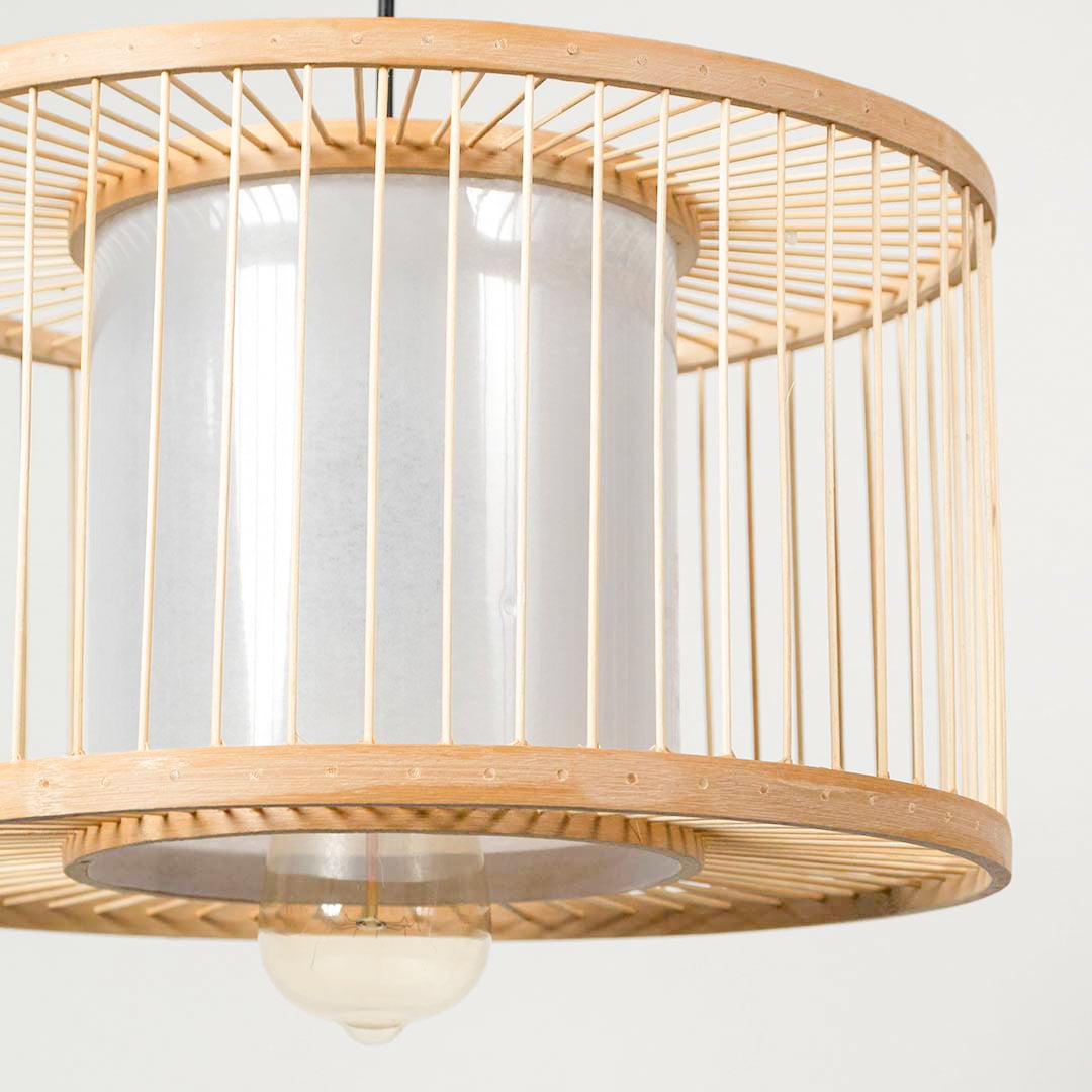 Closeup of layered bamboo pendant light with natural beige finish showcasing handcrafted texture and elegance.