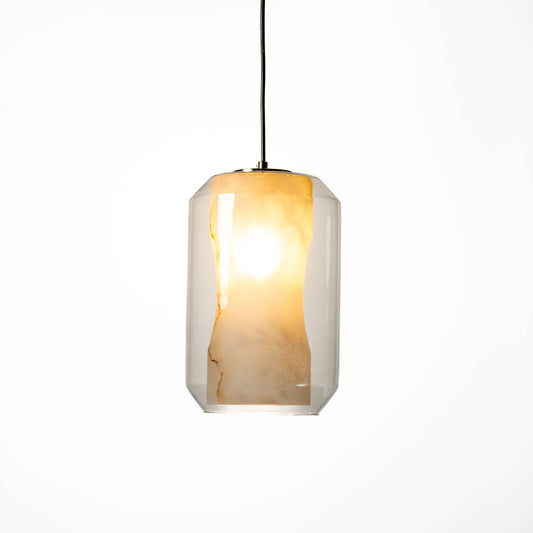 White marble glass and chrome metal pendant light with soft glow for refined home decor.