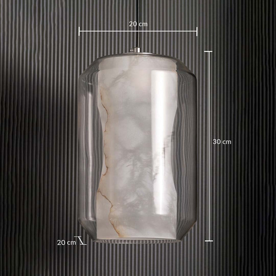 A marble effect cylindrical pendant light displayed on a dark backdrop measuring 30 cm height 20 cm width and 20 cm depth clearly shown for accurate placement.