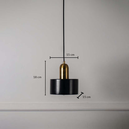 Black and gold cylindrical pendant ceiling light with height 18 cm and diameter 15 cm displayed clearly on off white wall.