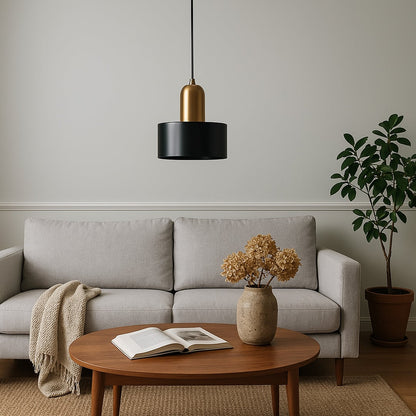 Modern black and gold pendant ceiling light hanging above sofa in stylish living room interior creating luxury lifestyle look.