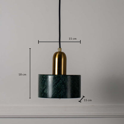 Green marble and gold cylindrical pendant ceiling light with height 18 cm and diameter 15 cm shown on off white background.