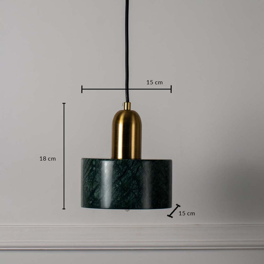 Green marble and gold cylindrical pendant ceiling light with height 18 cm and diameter 15 cm shown on off white background.