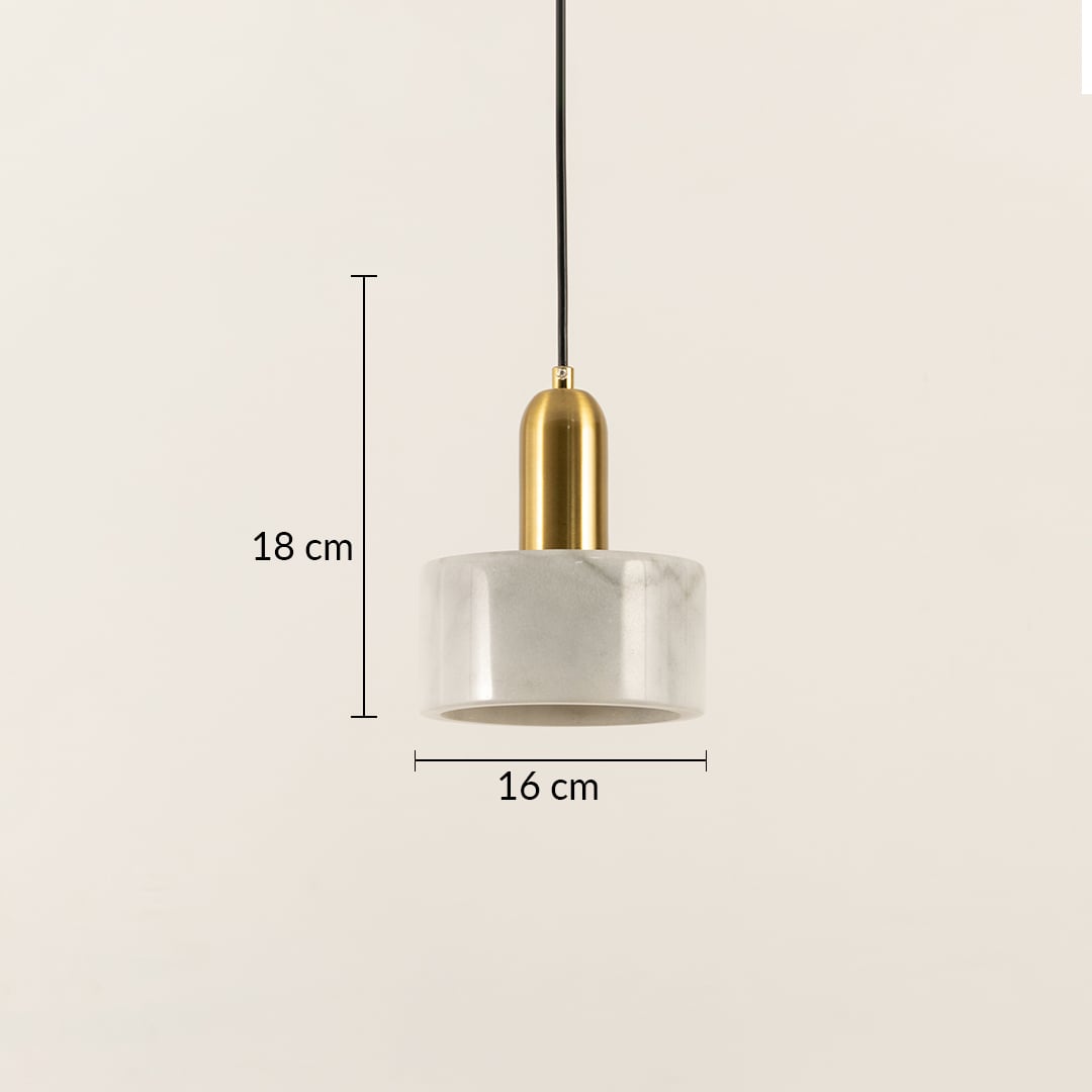 Dimension image of white marble pendant light with brushed brass accents showing 18 cm height and 10 cm width.