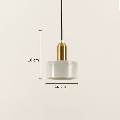Dimension image of white marble pendant light with brushed brass accents showing 18 cm height and 10 cm width.