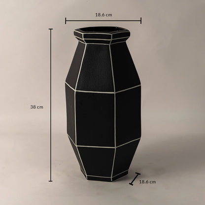 Black ceramic vase with geometric grid design shown with 38 cm height and 18.6 cm diameter perfect for modern home styling.