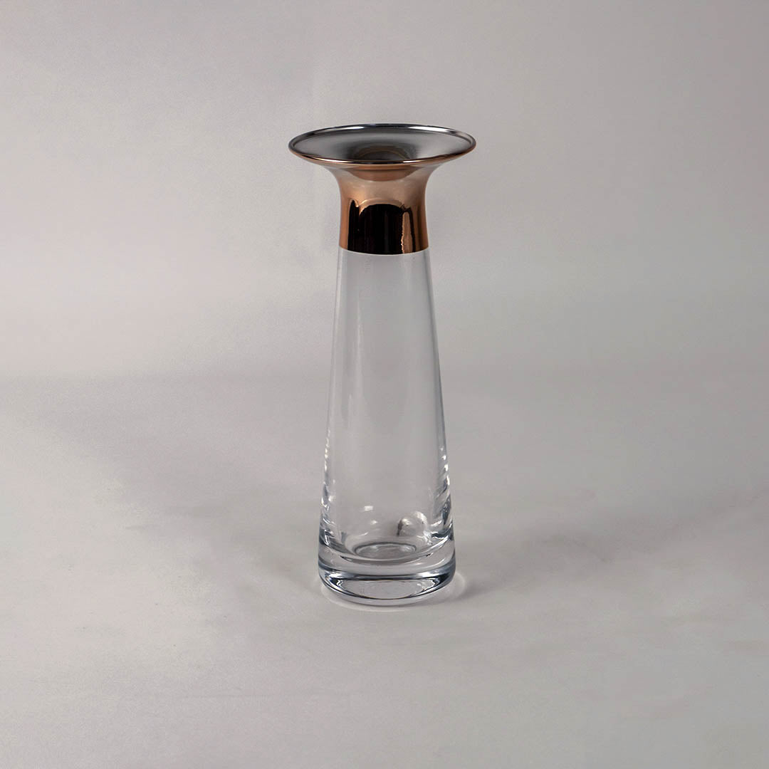 Sleek clear glass flower vase with gold rim metallic accent for modern home decor tabletop displays elegant centerpiece.