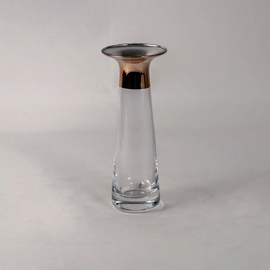 Sleek clear glass flower vase with gold rim metallic accent for modern home decor tabletop displays elegant centerpiece.