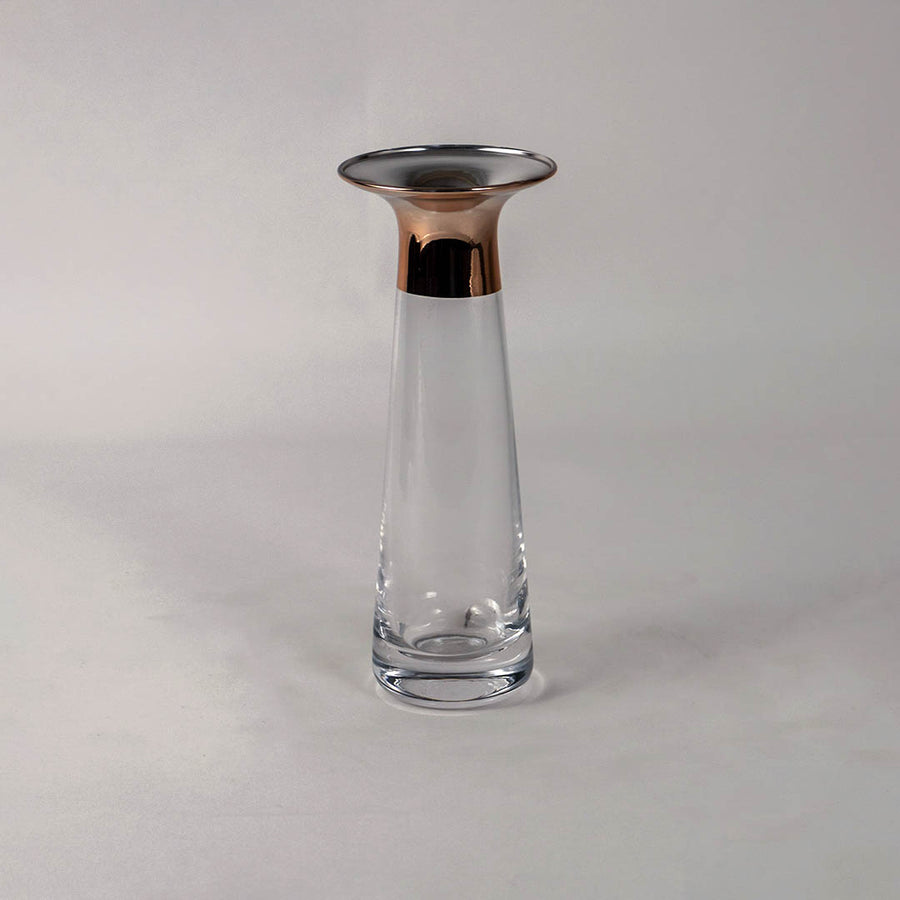 Sleek clear glass flower vase with gold rim metallic accent for modern home decor tabletop displays elegant centerpiece.