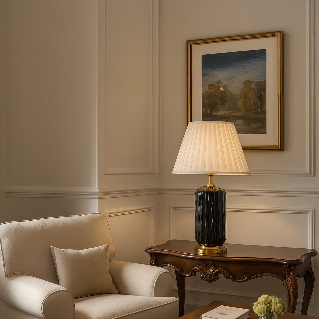 White pleated shade table lamp with black ceramic base glowing warmly on wooden side table in elegant living room.