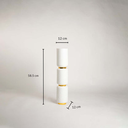 White and gold vase shown with measurements featuring 58 cm height and 12 cm top and base diameter clearly displaying its tall textured structure.