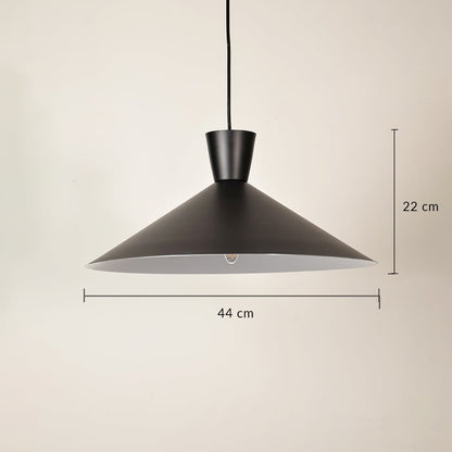 Black metal cone pendant light dimension image with 44 cm width and 22 cm height for dining room placement.
