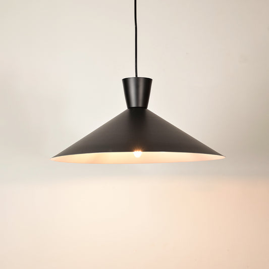 Black metal pendant light illuminated to display contemporary ceiling lighting with elegant minimalist design styling.