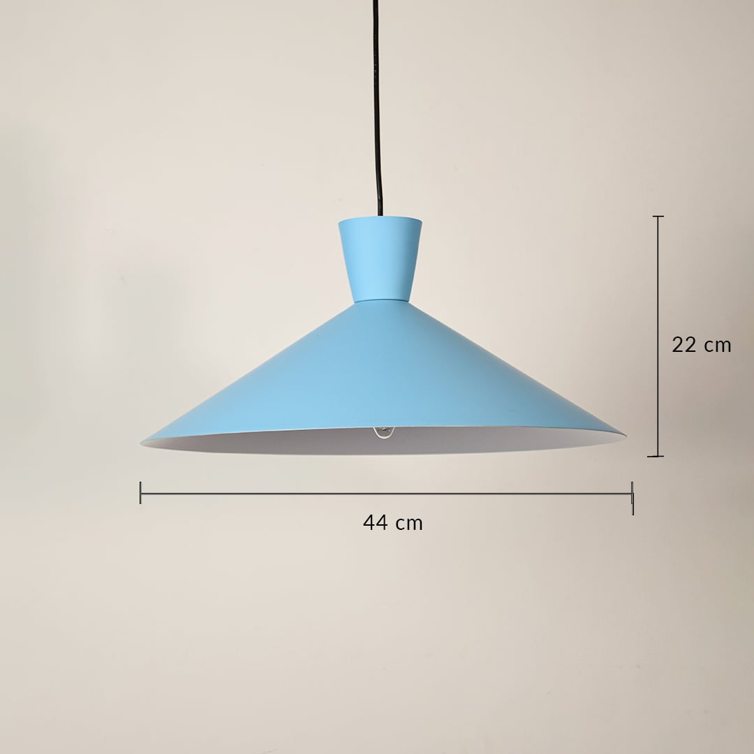 Blue cone pendant light with 40 cm width and 22 cm height hanging against a plain wall for modern colorful décor.