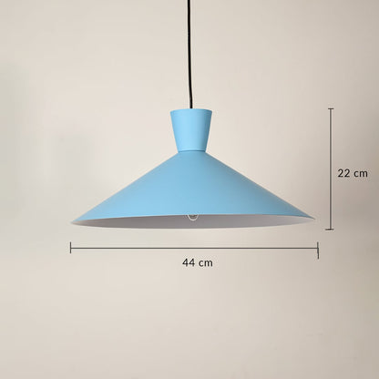 Blue cone pendant light with 40 cm width and 22 cm height hanging against a plain wall for modern colorful décor.