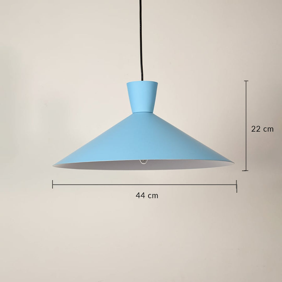 Blue cone pendant light with 40 cm width and 22 cm height hanging against a plain wall for modern colorful décor.