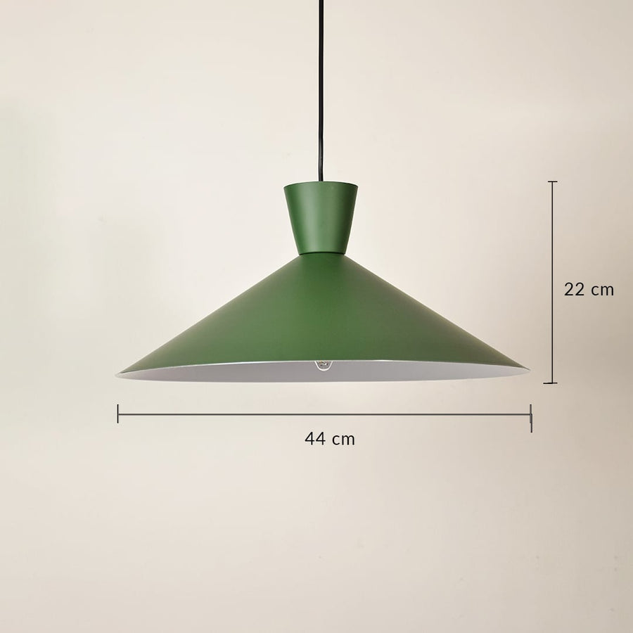 Green cone pendant light with size 22cm height and 44cm width for earthy stylish décor.