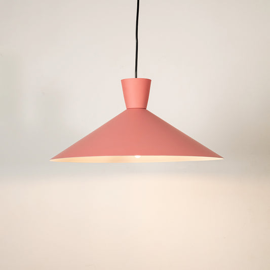 Terracotta metal pendant light illuminated to showcase modern ceiling lighting with stylish contemporary appeal.