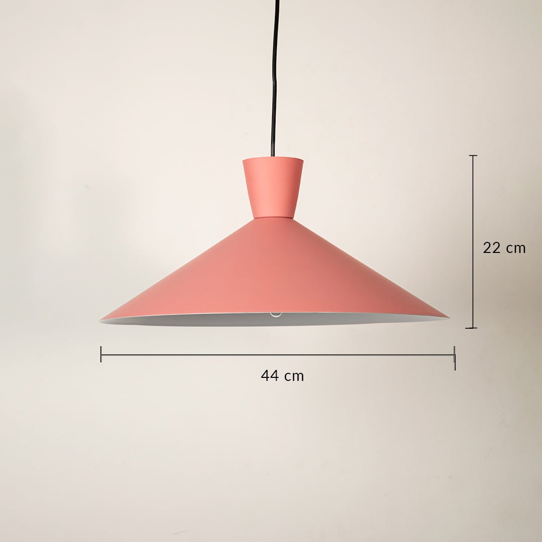 Pink cone pendant light with size 22cm height and 44cm width for playful modern décor.