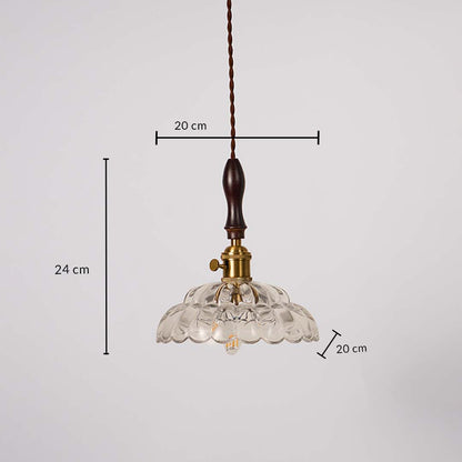Clear scalloped glass and brass pendant light dimension image with 20 cm width and 24 cm height for elegant dining placement.
