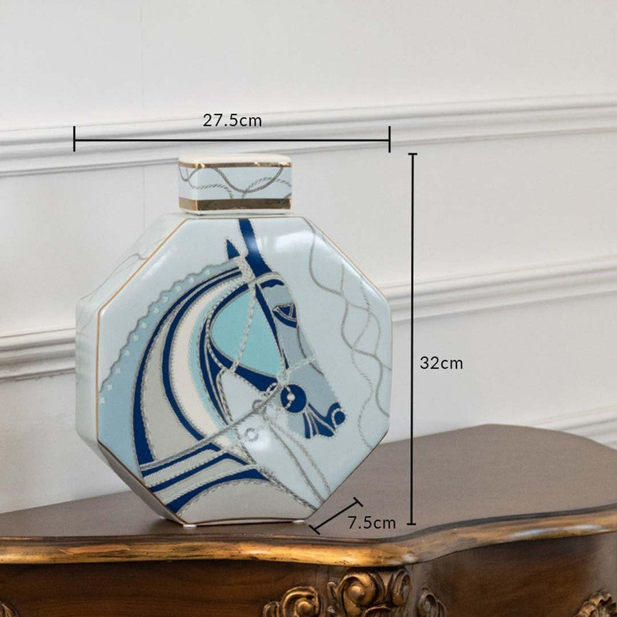 White ceramic jar with blue abstract horse artwork measuring 27.5 cm width and 27 cm height ideal for modern console décor and artistic home styling.